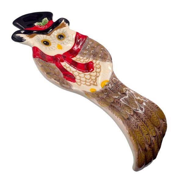 Vintage Cracker Barrel Stoneware Spoon Rest Christmas Owl Scarf Top Hat 6" Gift - Picture 5 of 12